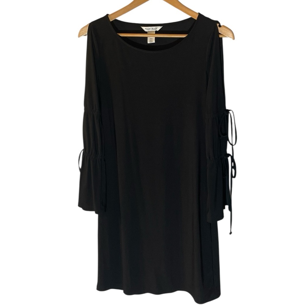 C38- White House Black Market Black Cold-Shoulder Shift Dress with Tie Detail